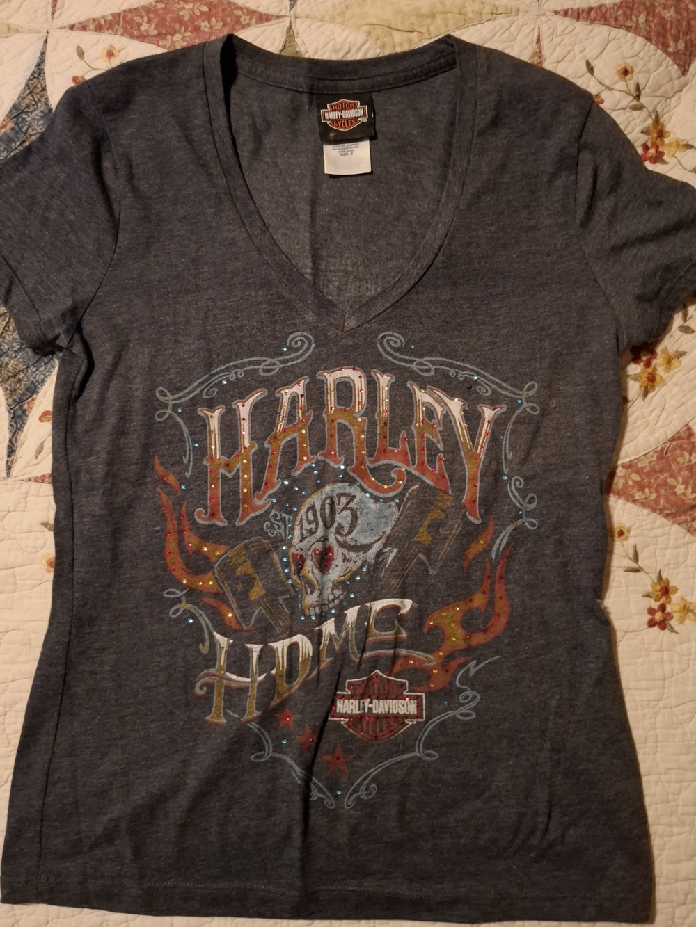 Harley-Davidson Women's Gray Graphic V-Neck T-Shirt with Orange and Red Accents